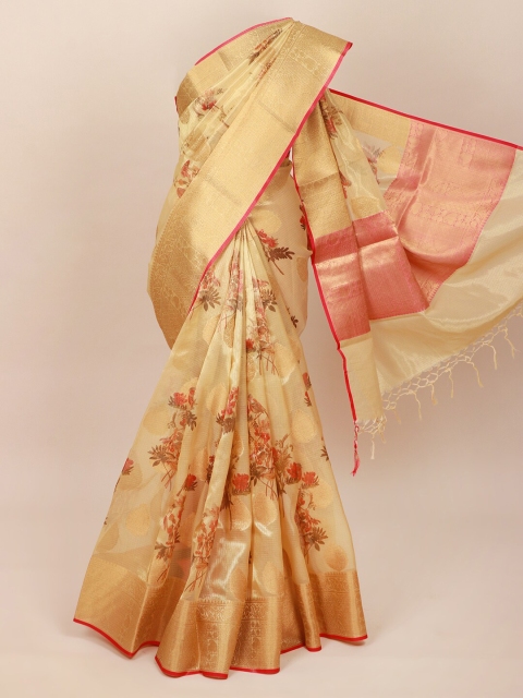 

Pothys Golden & Pink Floral Zari Art Silk Banarasi Saree, Gold