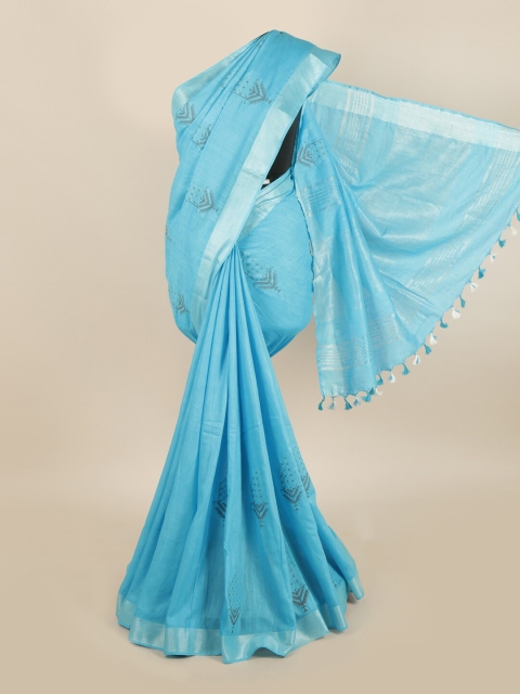 

Pothys Blue Ethnic Motifs Embroidered Linen Blend Saree