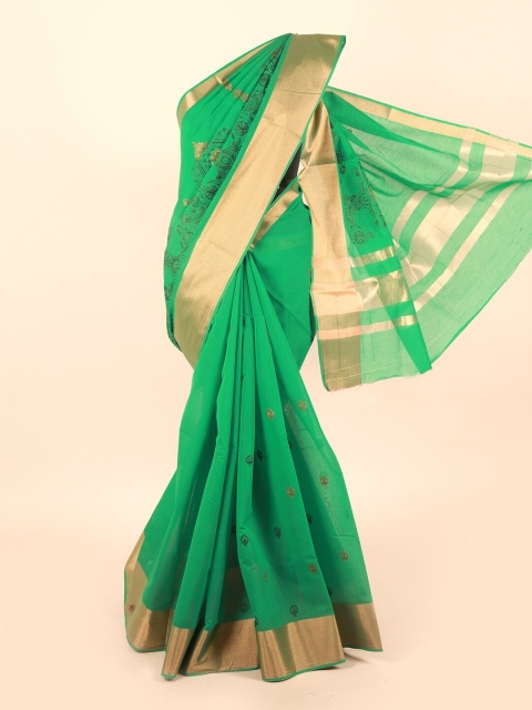 Pothys Green & Black Floral Embroidered Silk Cotton Saree