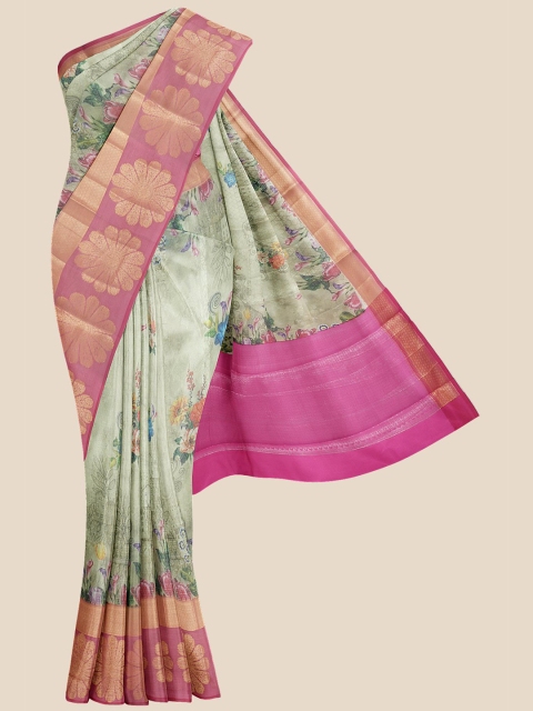 

Kalamandir Women Olive Green & Pink Floral Printed Banarasi Saree
