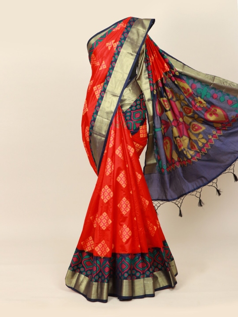 

Pothys Red & Navy Blue Zari Silk Blend Saree