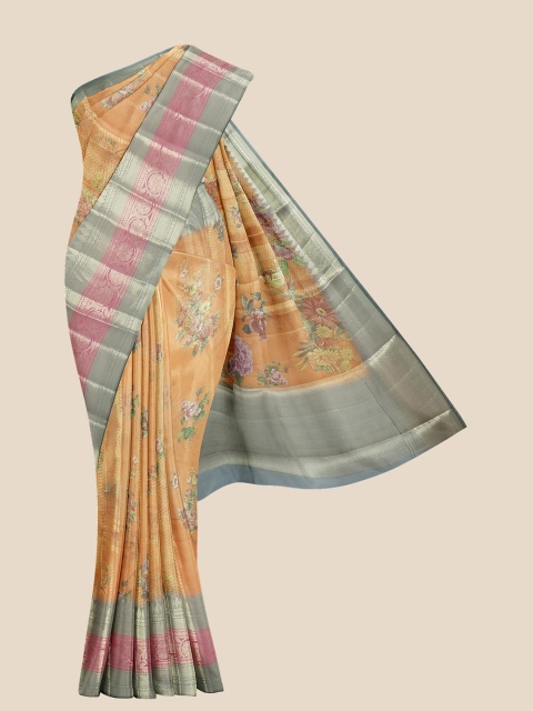

Kalamandir Orange & Grey Floral Silk Blend Banarasi Saree