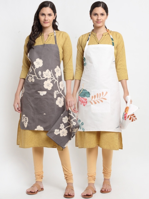 

NEUDIS Pack Of 2 Grey & White Printed 210TC Apron With Front Centre Pocket & Napkins