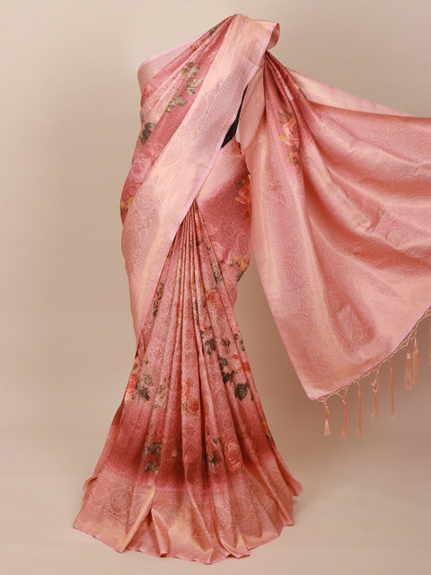 

Pothys Pink & Green Floral Art Silk Banarasi Saree