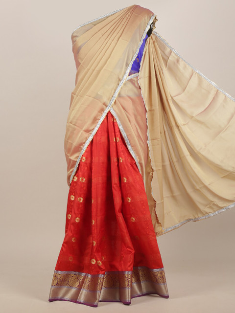 

Pothys Women Cream & Red Ethnic Motifs Half & Half Saree