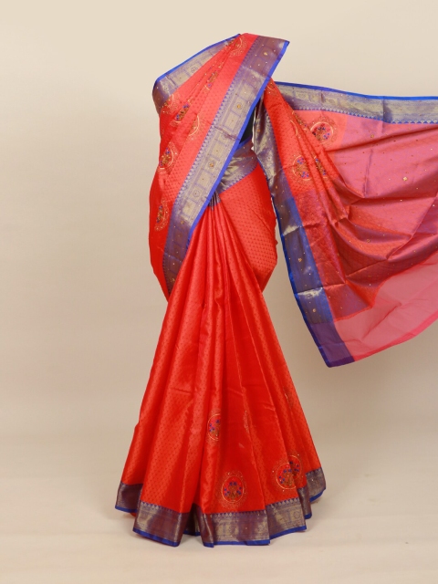 

Pothys Orange & Blue Floral Beads and Stones Jute Cotton Saree