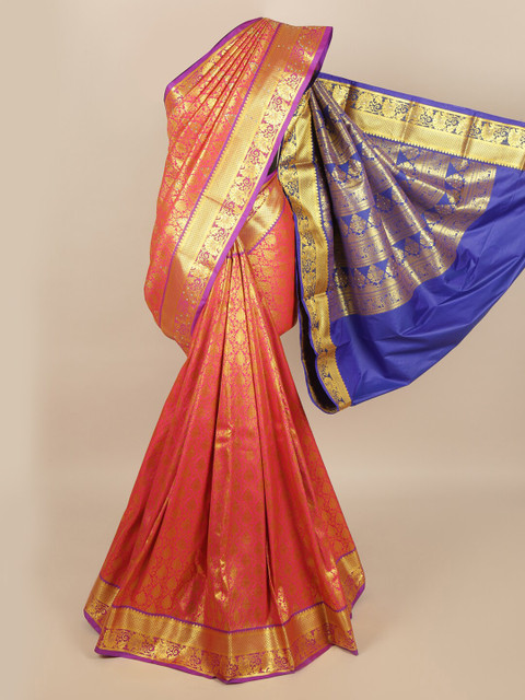 

Pothys Red & Blue Gold-Toned Floral Zari Silk Blend Saree