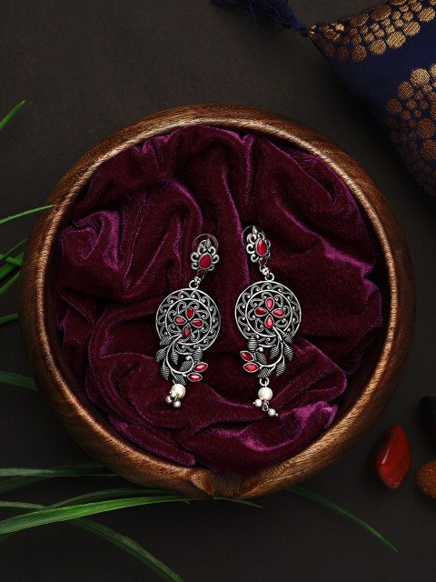 

Mali Fionna Pink & Silver-Toned Oxidised Contemporary Drop Earrings