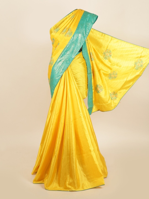 

Pothys Yellow & Blue Floral Embroidered Jute Silk Saree