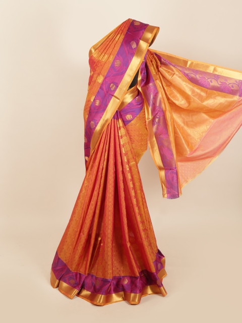 

Pothys Orange & Purple Floral Zari Silk Blend Saree