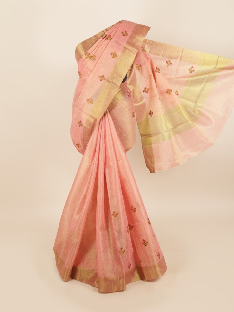 

Pothys Peach-Coloured & Gold-Toned Floral Tissue Saree