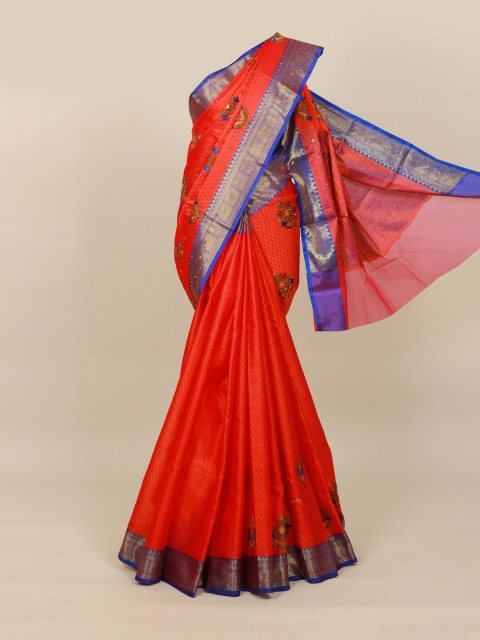 

Pothys Red & Blue Floral Sequinned Jute Cotton Saree