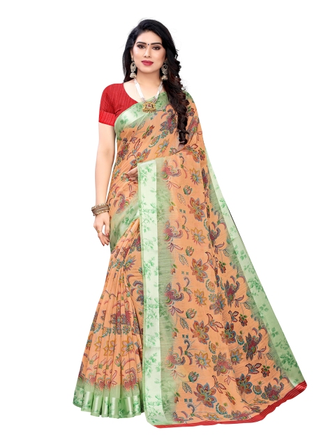 

KALINI Peach-Coloured & Red Floral Pure Linen Saree