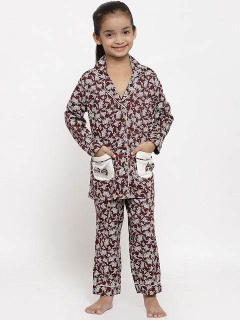 

MAXENCE Girls Maroon & White Printed Night suit