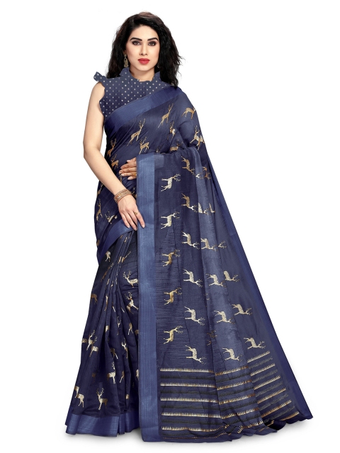 

KALINI Navy Blue & Gold-Toned Block Print Saree