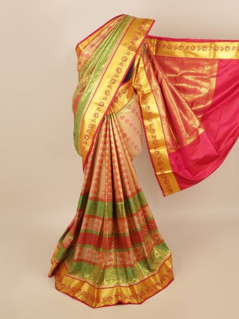 

Pothys Peach-Coloured & Green Woven Design Zari Silk Blend Saree