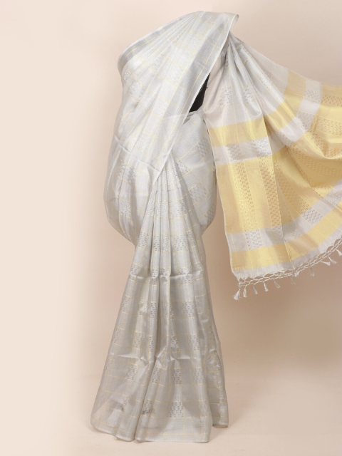

Pothys Silver-Toned & Gold-Toned Checked Tissue Saree
