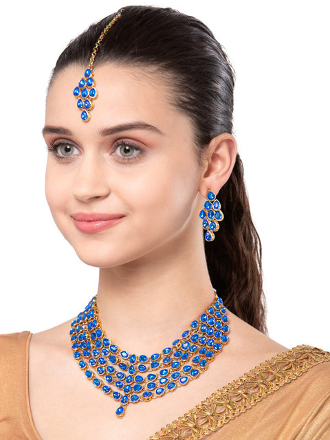 

Shining Diva Gold-Plated Blue Crystal-Studded Layered Jewellery Set