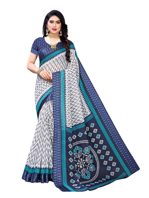 

KALINI White & Blue Chevron Printed Pure Cotton Saree