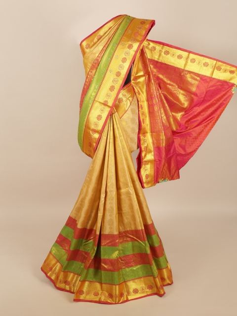 

Pothys Gold-Toned & Green Floral Zari Silk Blend Saree