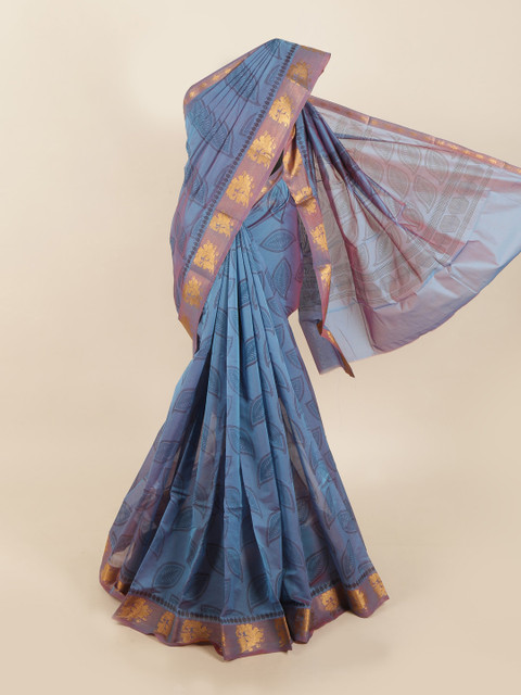 

Pothys Blue & Gold-Toned Floral Zari Silk Cotton Saree