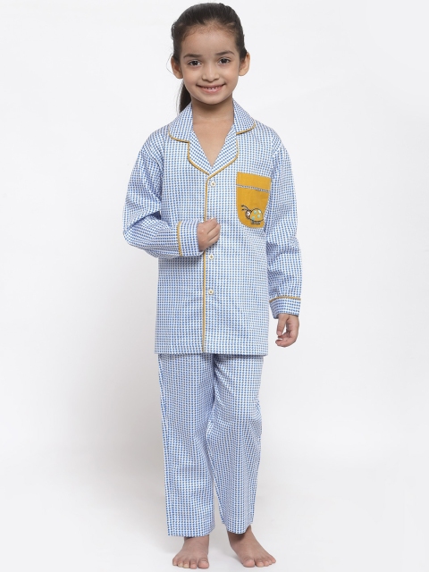

MAXENCE Girls Blue & White Checked Night suit