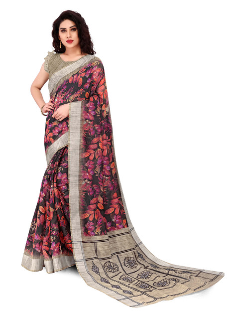 

KALINI Black & Orange Floral Printed Saree