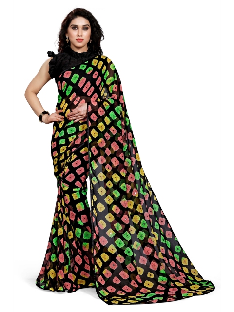 KALINI Black & Multicoloured Mirror Work Block Print Saree