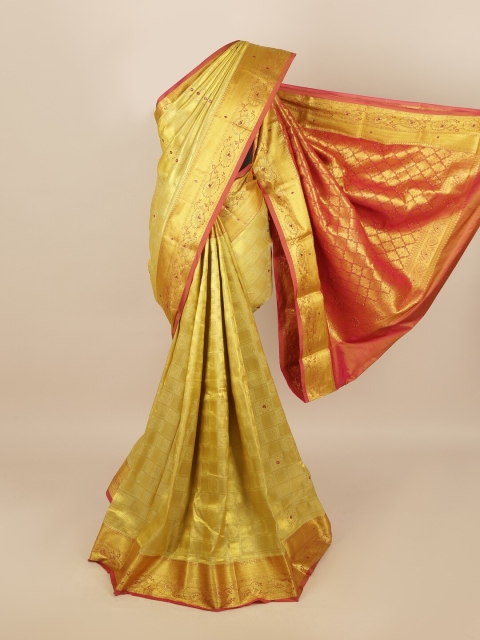 

Pothys Gold-Toned & Orange Ethnic Motifs Zari Saree