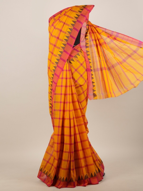 

Pothys Mustard Yellow & Pink Checked Pure Cotton Saree