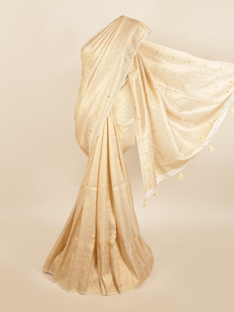 

Pothys Poly Chiffon Cream-Coloured & Gold-Toned Beads and Stones Embellished Saree