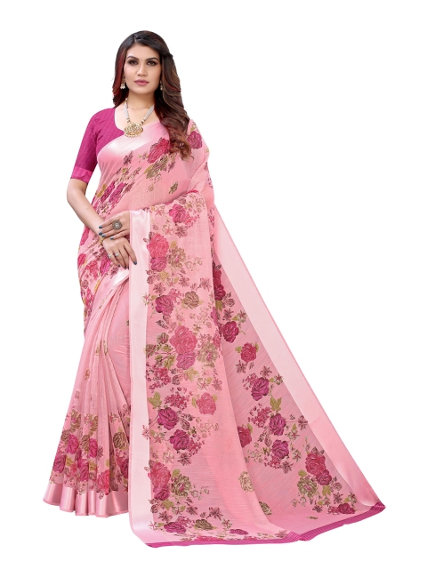 

KALINI Pink & Green Floral Pure Linen Saree