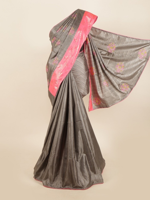 

Pothys Grey & Pink Floral Beads and Stones Jute Silk Saree