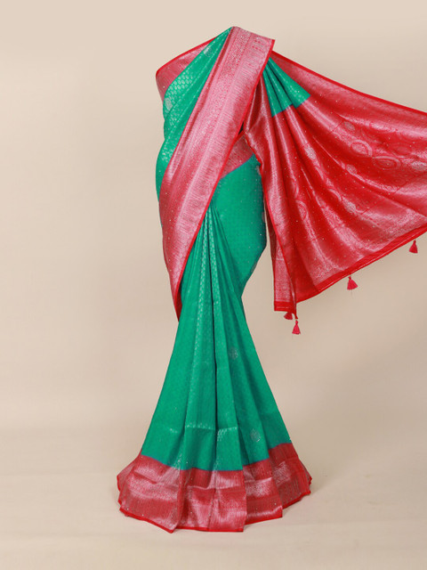

Pothys Green & Pink Ethnic Motifs Beads and Stones Silk Blend Saree