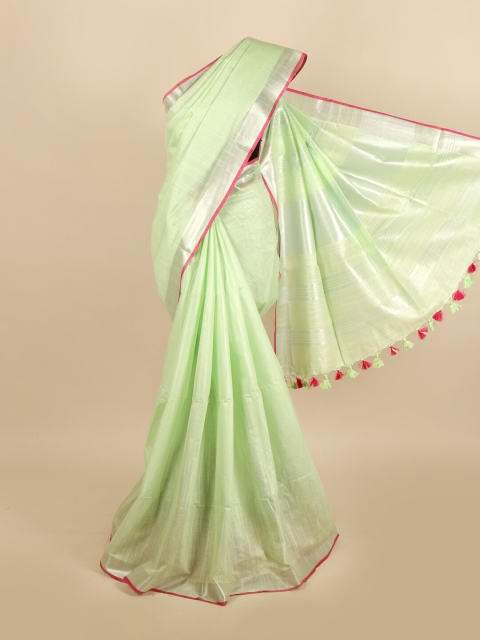 

Pothys Green & Silver-Toned Zari Linen Blend Saree