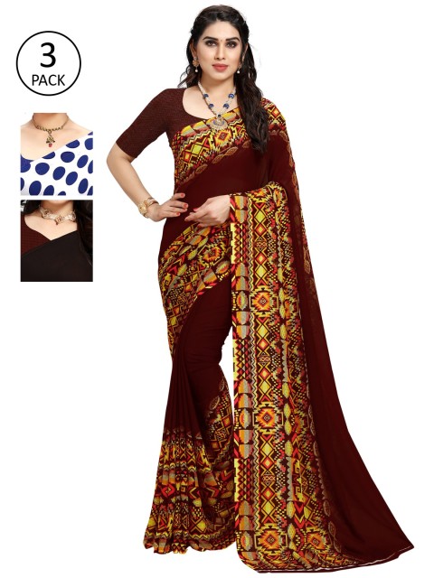 

KALINI Pack of 3 Poly Georgette Printed Sarees, Black