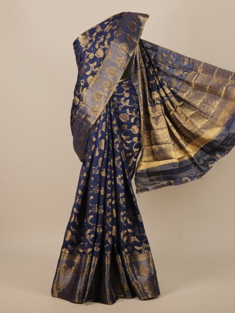 

Pothys Blue & Gold-Toned Floral Jute Silk Saree