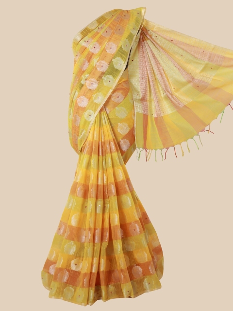 

Pothys Yellow & Peach-Coloured Floral Mirror Work Saree