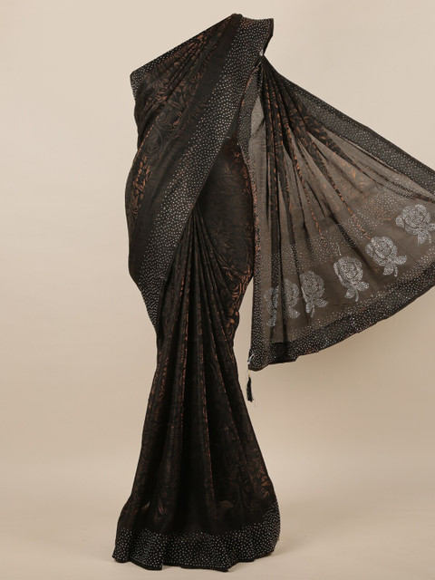 

Pothys Coffee Brown & Silver-Toned Floral Beads and Stones Jute Silk Saree