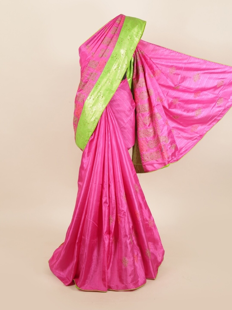 

Pothys Pink & Green Floral Beads and Stones Jute Silk Saree