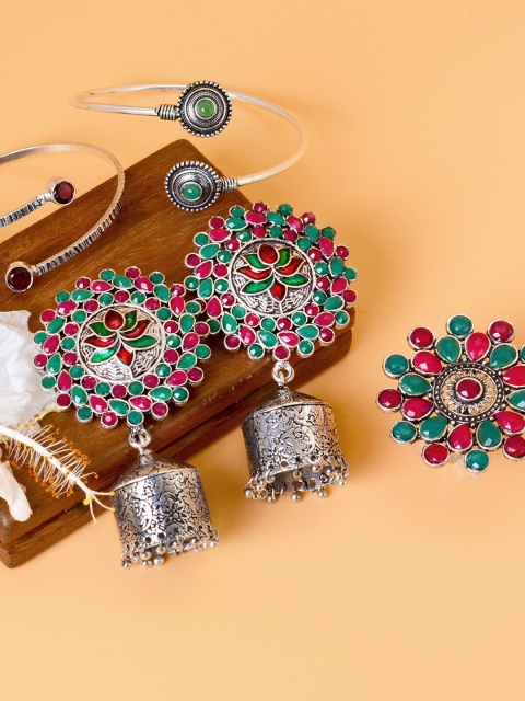 

TEEJH Oxidised Silver-Toned & Pink Stone-Studded Jewellery Set