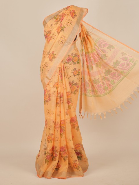 

Pothys Orange & Green Floral Zari Linen Blend Saree