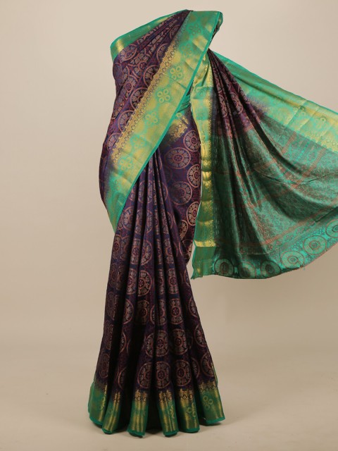 

Pothys Navy Blue & Sea Green Ethnic Motifs Zari Jute Silk Saree