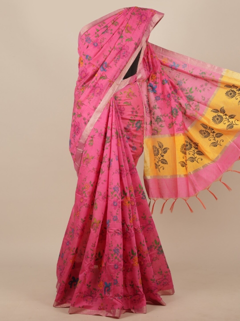 

Pothys Pink & Yellow Floral Cotton Blend Saree