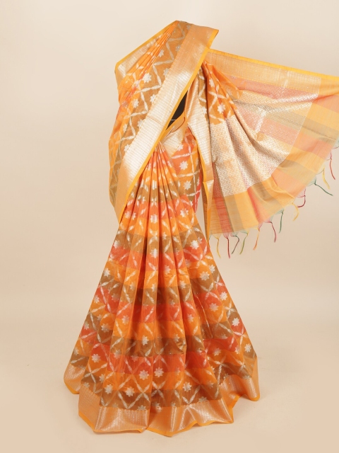 

Pothys Women Orange & Silver Cotton Blend Woven Designed saree
