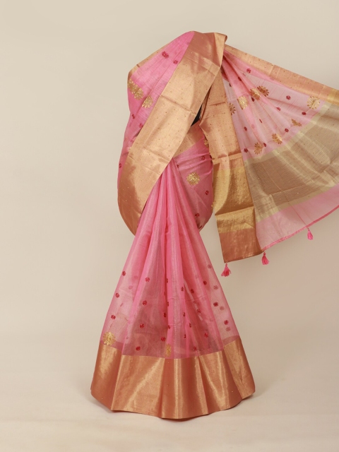 

Pothys Pink & Gold-Toned Floral Tissue Saree