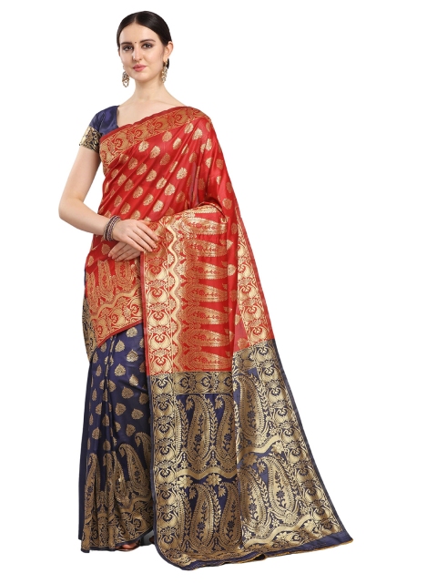 

KALINI Red & Navy Blue Paisley Zari Silk Blend Half and Half Banarasi Saree