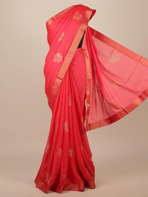 

Pothys Pink & Gold-Toned Floral Poly Chiffon Saree