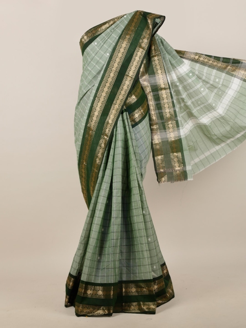 

Pothys Green & Gold-Toned Checked Zari Pure Cotton Saree