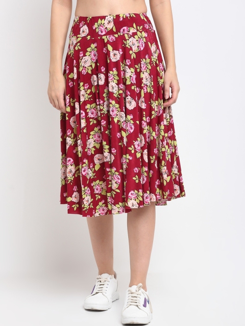 

NEUDIS Women Maroon & Pink Floral Printed Flared Midi Skater Skirt